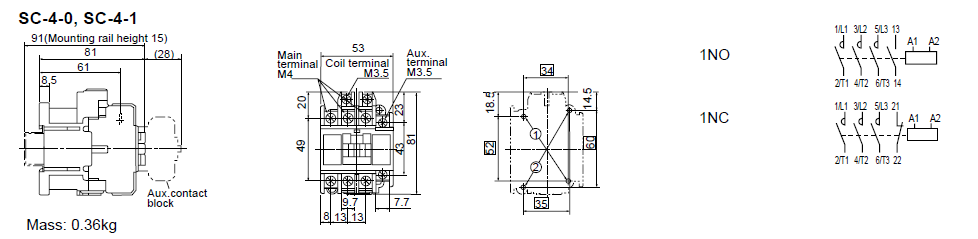 SC-4-0 110V 16A 7.5kW NO - Contactor Fuji Kích thước cấu tạo SC-4-0 AC110V Fuji
